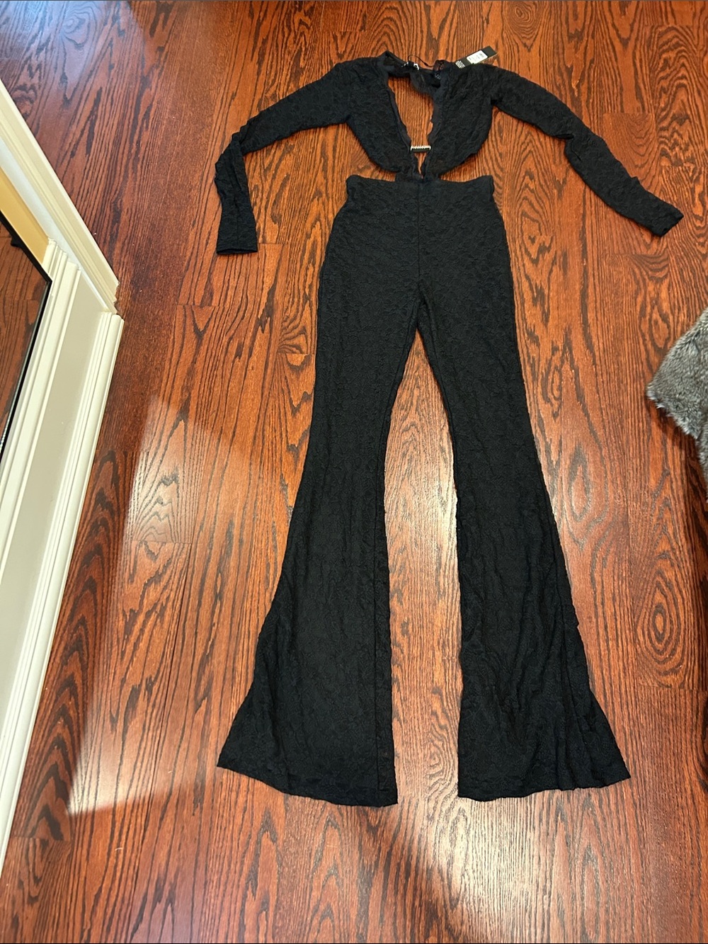 Fashion Nova Black Lace Long Sleeve Flared Jumpsuit